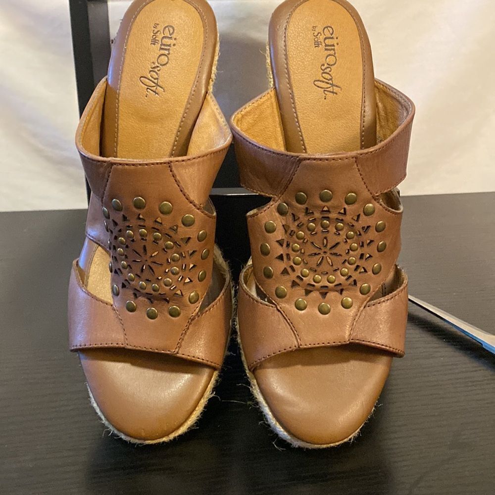 Euro soft by Sofft Boho leather espadrille/wedge heel mules size 7.5 - Picture 2 of 5